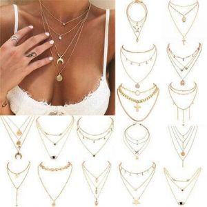קניות בשלוש שניות אקססוריז Boho Women Multi-layer Long Chain Pendant Crystal Choker Necklace Jewelry Gift