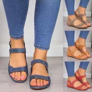 קניות בשלוש שניות אופנה  Womens Ankle Strap Wide Fit Flat Sandals Ladies Summer Beach Open Toe Shoes Size